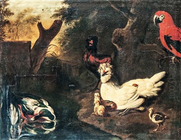 Hen Yard Oil Painting by Melchior de Hondecoeter