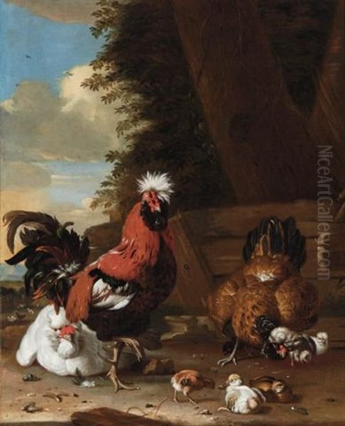 A Bantam Cockerel With Hens And Chicks In A Farmyard Oil Painting by Melchior de Hondecoeter