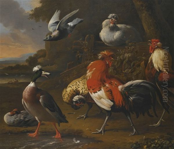 Cockerels, Duck, Chickens And A Flying Pigeon In A Landscape, A Lake Beyond Oil Painting by Melchior de Hondecoeter