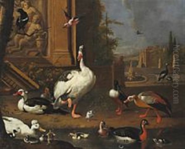 Geese, Ducks, A Magpie And Other Birds At A Pond Oil Painting by Melchior de Hondecoeter