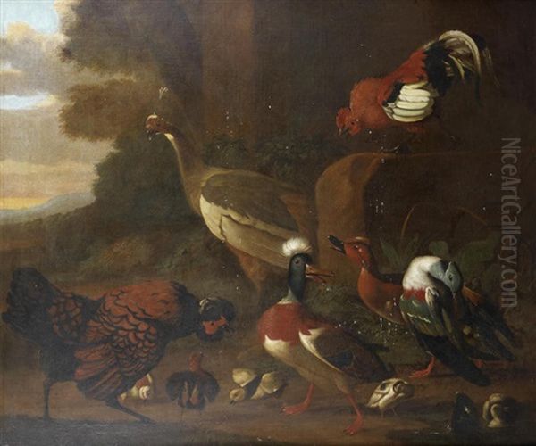 A Peacock, Cockerels, Ducks And Ducklings In A Landscape Oil Painting by Melchior de Hondecoeter