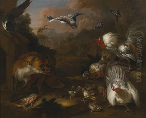 Fox In A Farmyard With A Family Of Chickens Oil Painting by Melchior de Hondecoeter