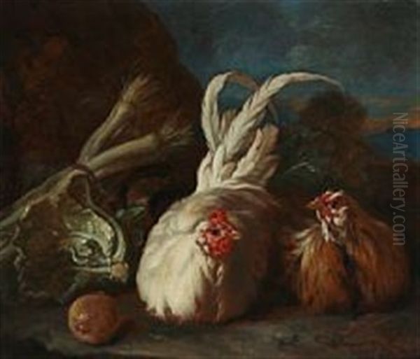 Hens Surrounded By Vegetables And Fruit Oil Painting by Melchior de Hondecoeter