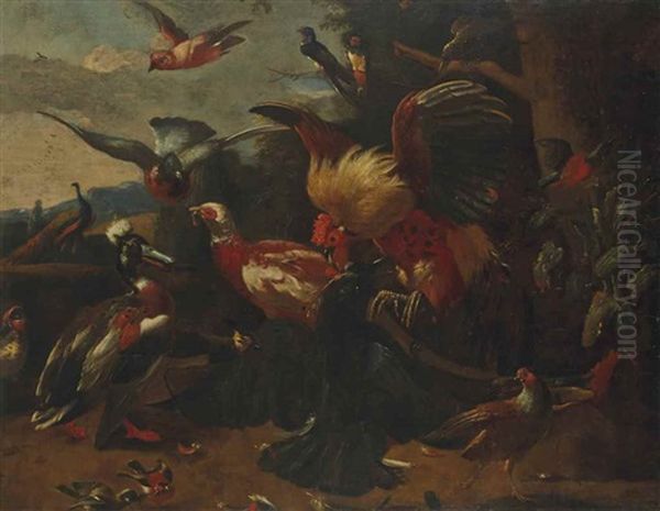 Composition Aux Oiseaux Avec Un Coq Se Battant Avec Un Corbeau Oil Painting by Melchior de Hondecoeter