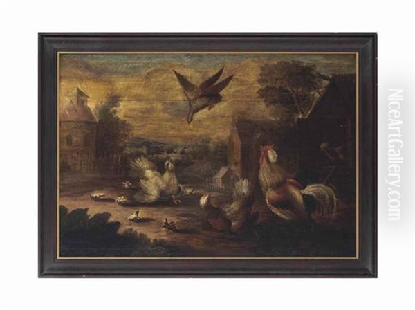 A Farmyard Scene With Chicken, Chicks And A Cockerel, An Eagle Approaching, Landscape With Windmill Beyond Oil Painting by Melchior de Hondecoeter