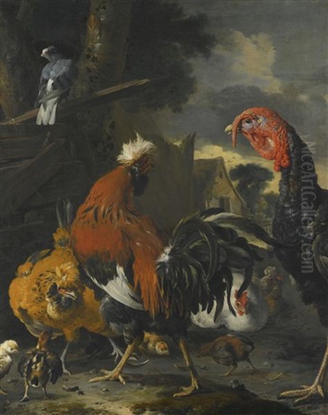 A Cockerel, A Turkey, Hens And Chickens In A Farmyard Oil Painting by Melchior de Hondecoeter