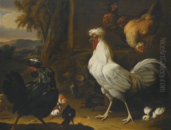 Chickens And Their Young In A Park Landscape Oil Painting by Melchior de Hondecoeter