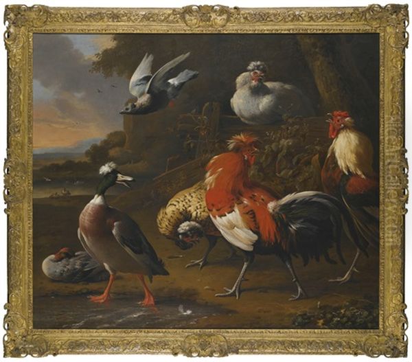 Cockerels, Duck, Chickens And A Flying Pigeon In A Landscape, A Lake Beyond Oil Painting by Melchior de Hondecoeter