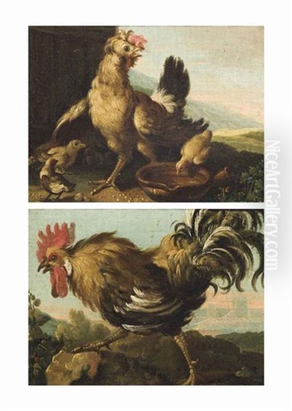 A Hen With Its Chicks; And A Cockrell (pair) Oil Painting by Melchior de Hondecoeter