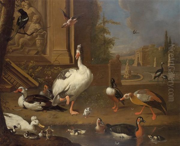 Vogel In Einer Parklandschaft Oil Painting by Melchior de Hondecoeter