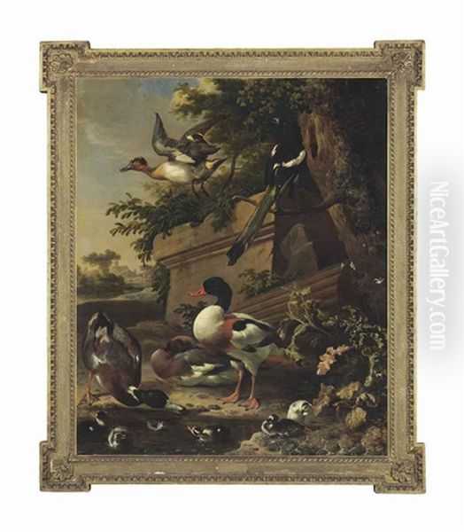 Sheldrake Ducks And Ducklings With A Magpie In A Garden, A Village Beyond by Melchior de Hondecoeter