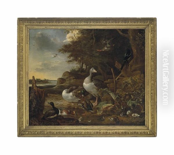 A Wooded Landscape With Geese, Mallard Ducks, A Teal And Other Ducks With Ducklings And A Magpie By A Pond, A Lake Beyond Oil Painting by Melchior de Hondecoeter