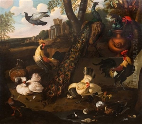 Naturaleza Muerta Con Aves Y Arquitecturas Oil Painting by Melchior de Hondecoeter