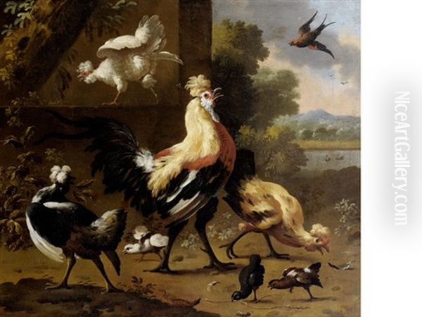 A Cockerel, Chickens, Fledglings And Other Birds In A Landscape Oil Painting by Melchior de Hondecoeter