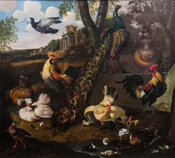 Naturaleza Muerta Con Aves Y Arquitecturas Oil Painting by Melchior de Hondecoeter