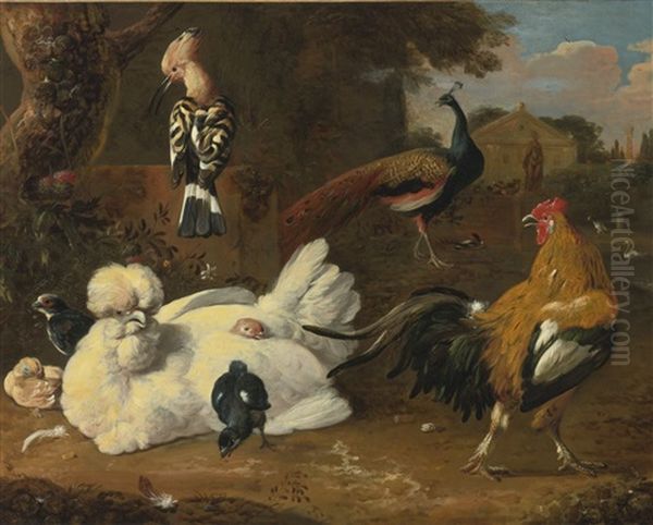 A Tufted Hen, A Rooster, A Hoopoe, A Peacock, And Other Exotic Birds In A Park Oil Painting by Melchior de Hondecoeter