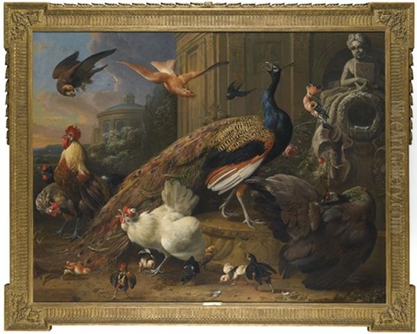 A Peacock And Peahen, Together With A Cockerel And Other Poultry, A Swallow, Pigeon And Hoopoe Beside A Fountain In A Garden, All Disturbed By The Arrival Of A Falcon Oil Painting by Melchior de Hondecoeter