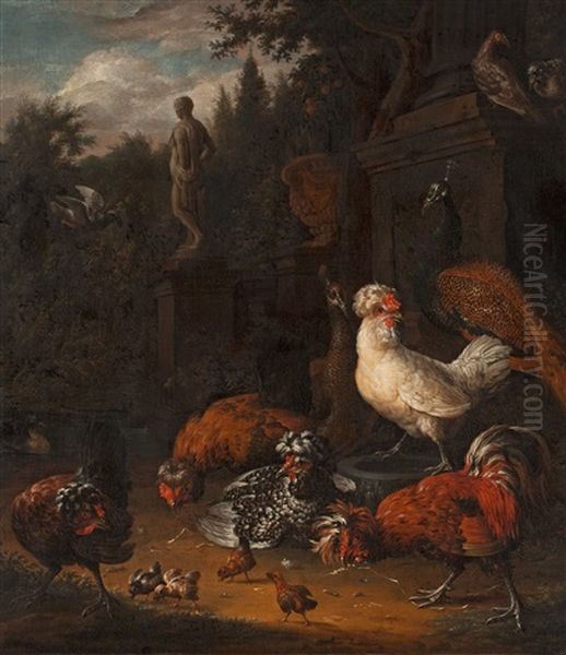 Hens In A Garden Oil Painting by Melchior de Hondecoeter