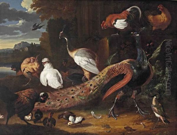 A Peaken, Hens, Chicks And A Rooster In A Park Landscape Oil Painting by Melchior de Hondecoeter