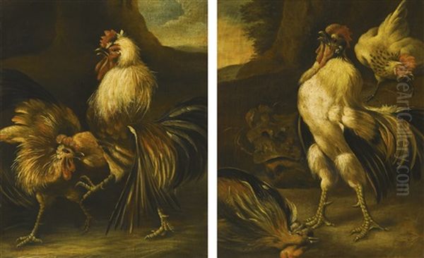 Two Cockerels Fighting In A Landscape And Three Cockerels Fighting In A Landscape (pair) Oil Painting by Melchior de Hondecoeter