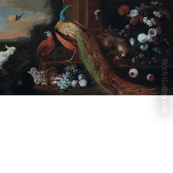 Still Life With A Peacock, Fruit And Flowers Oil Painting by Melchior de Hondecoeter