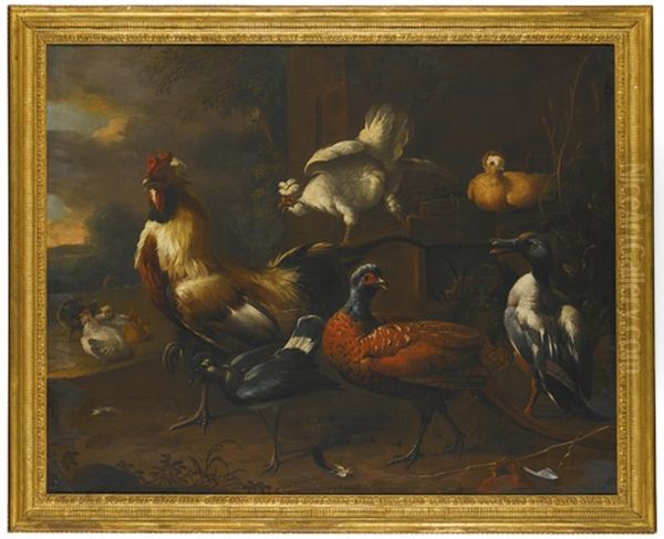 A Cockerel, A Pheasant, A Duck And Other Birds In A Landscape Oil Painting by Melchior de Hondecoeter