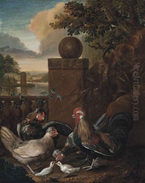 Cockerels And A Hen Before A Lake, A Villa Beyond Oil Painting by Melchior de Hondecoeter