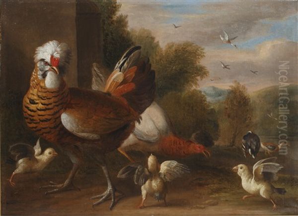 A Cockerel With Two Pigeons In An Open Landscape; A Chicken With Chicks With A Landscape Beyond (pair) Oil Painting by Melchior de Hondecoeter