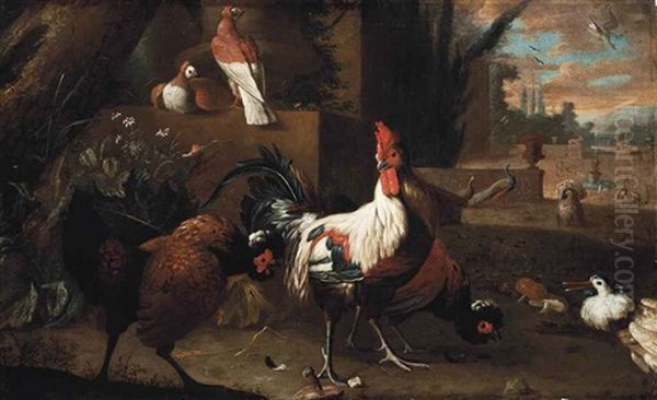 A Cockerel, Hens And Pigeons In A Landscape With Peacocks, A Turkey And Other Birds Before A Distant Fountain Oil Painting by Melchior de Hondecoeter