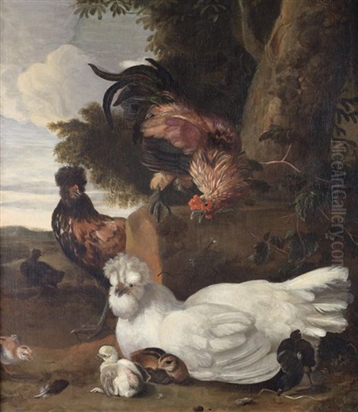 A Cockerel, Hen And Other Decorative Fowl In A Farmyard Oil Painting by Melchior de Hondecoeter