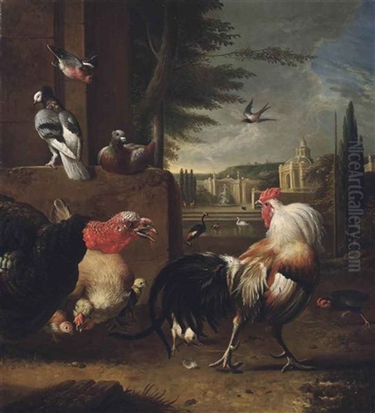 A Cockerel, A Turkey And Other Birds In A Landscape, An Elegant Courtyard Beyond by Melchior de Hondecoeter