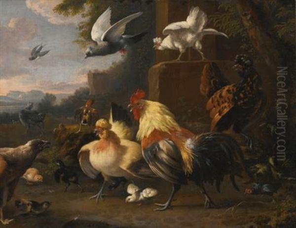 An Eagle, A Cockerell, Hens, A Pigeon In Flight And Other Birds In A Landscape Oil Painting by Melchior de Hondecoeter