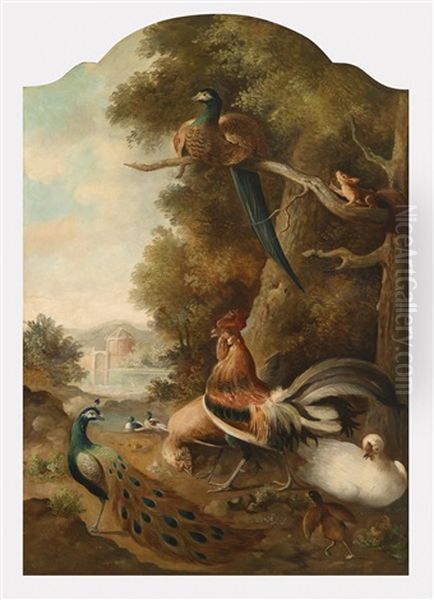 Ein Jagdstillleben Beziehungsweise Ein Geflugelbild Mit Pfau, Hahn Und Fasan Vor Landschaftshintergrund (2 Works) Oil Painting by Melchior de Hondecoeter