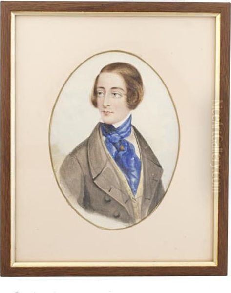 Charles Dickens (1812 1870), Wearing Grey Coat, Pale Yellow Waistcoat, White Chemise, Blue Cravat And Gold Shirt Pin. Oil Painting by Philip Augustus Barnard