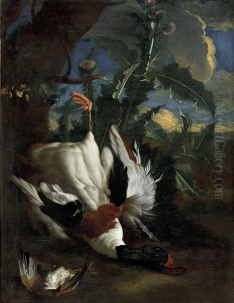 Jagdstillleben Mit Erlegter Ente Und Vogel Vor Groser Distel In Landschaft Oil Painting by Melchior de Hondecoeter