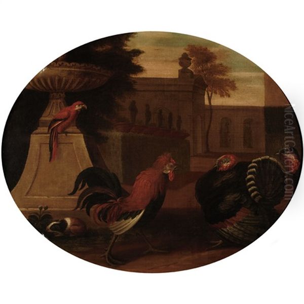 Rooster Confronting Turkeys, With A Macaw And Guinea Pig In A Classical Landscape Oil Painting by Melchior de Hondecoeter