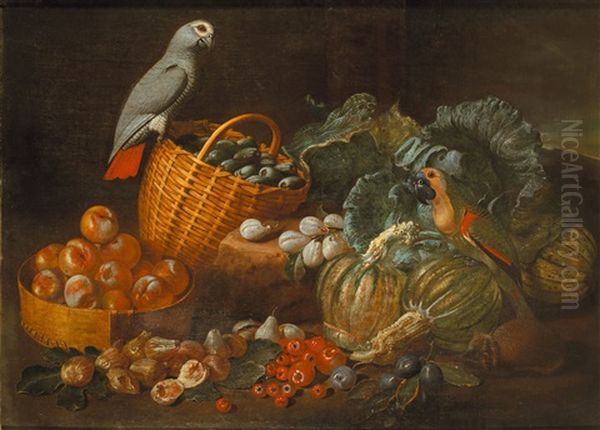 Bodegon Con Papagayos Oil Painting by Melchior de Hondecoeter