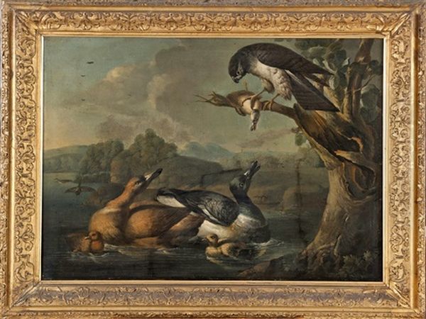 Lake Scene With Ducks And A Hawk Oil Painting by Melchior de Hondecoeter