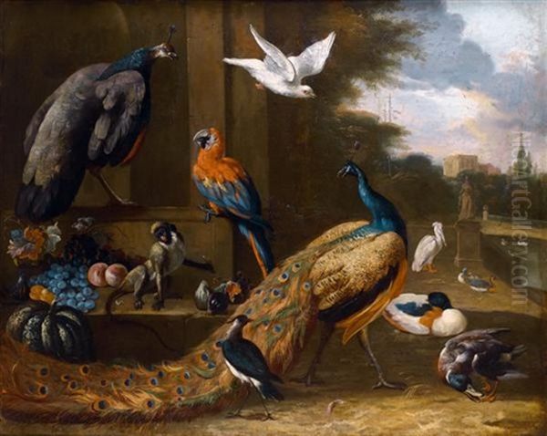 Oiseaux D'ornement : Paons, Perroquets, Pelican Et Singe Dans Le Parc D'un Palais Classique Oil Painting by Melchior de Hondecoeter