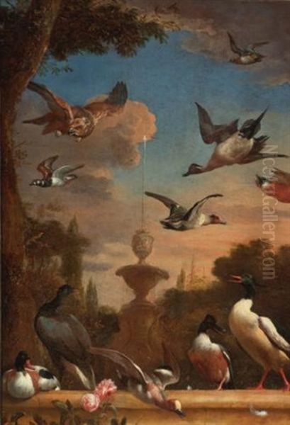 A Classical Garden Landscape With A Mallard, A Golden Eagle And Other Wild Fowl In Flight Oil Painting by Melchior de Hondecoeter