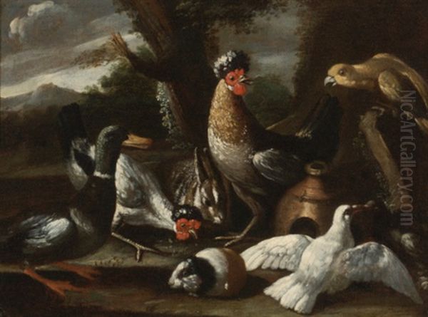 A Parrot, Chickens, A Duck, And Turtledoves, Together With A Rabbit And A Guinea Pig In A Landscape Oil Painting by Melchior de Hondecoeter