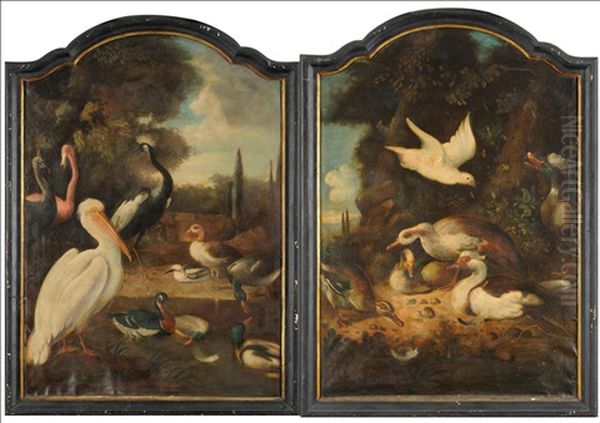 Birds In A Classical Landscape (+ Ducks Beside A Rocky Outcrop; Pair) Oil Painting by Melchior de Hondecoeter