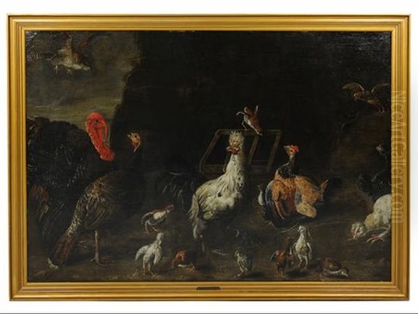 Turkey And Other Down In A Yard Oil Painting by Melchior de Hondecoeter