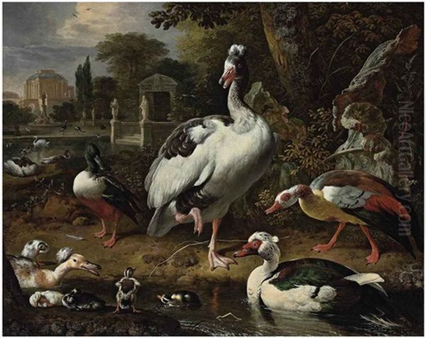 A Grey And White Crested Goose, A Shoveler, A Muscovy Duck, Goslings, Ducklings And Other Fowl In A Park, Elegant Buildings Beyond Oil Painting by Melchior de Hondecoeter