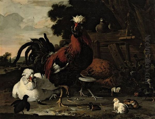 A Rooster, Hens, Chicks And A Pigeon Near A Wood Paling In A Landscape Oil Painting by Melchior de Hondecoeter