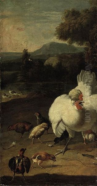 A Wooded Landscape With A Hen And Chicks In The Foreground (fragment) Oil Painting by Melchior de Hondecoeter