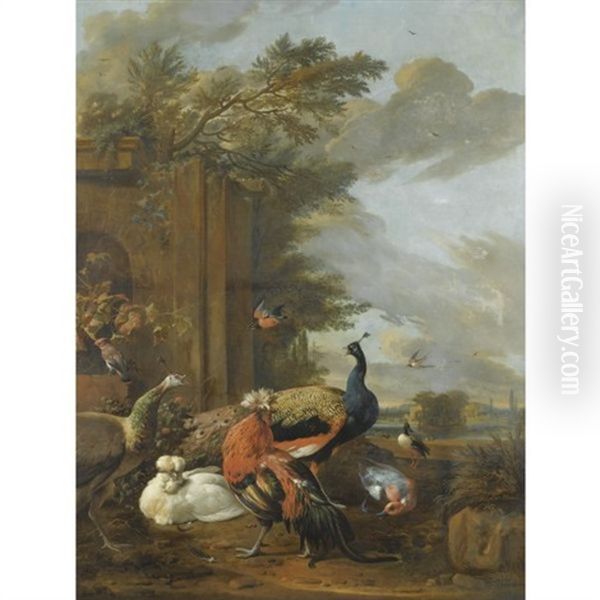 A Peacock, A Peahen, A Jay, A Swallow, A Kingfisher, A Mallard, Ducks And Hens In An Elegant Parkland Setting Oil Painting by Melchior de Hondecoeter