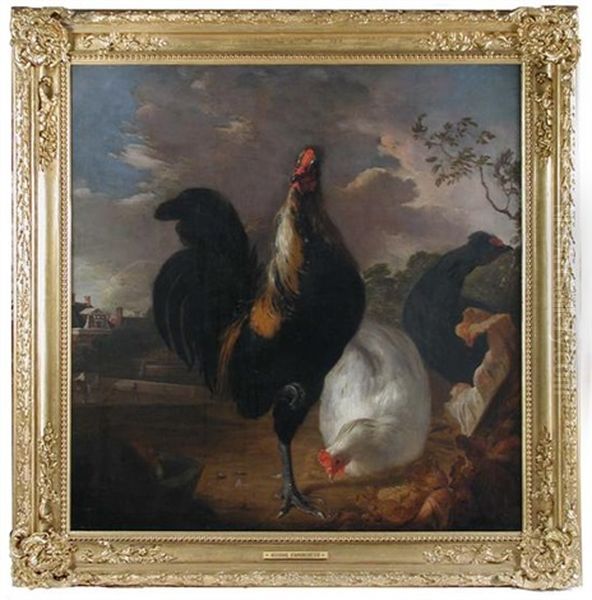 A Cockerel And Hens In A Classical Landscape Oil Painting by Melchior de Hondecoeter