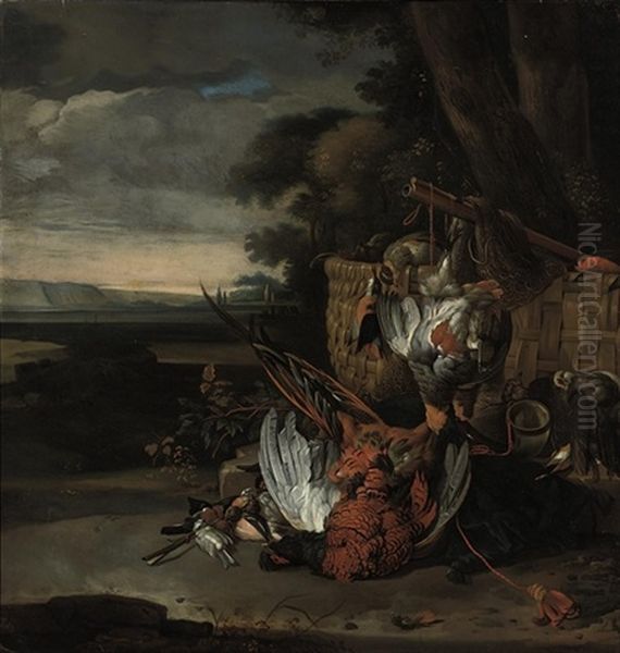 A Dead Pheasant And Other Birds, A Rifle, A Horn In A Wooded Clearing Oil Painting by Melchior de Hondecoeter