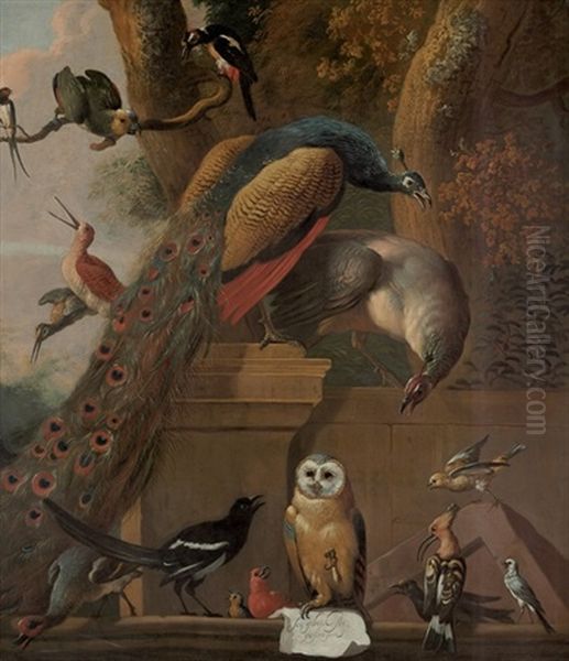 Soo Gebeck Soo Gesongen (a Peacock, Lark, Crow, Stilt, Peahen, Heron, Owl, Parakeet, Cardinal, Woodpecker, Swallow, Stint And Birds On A Garden Wall) Oil Painting by Melchior de Hondecoeter